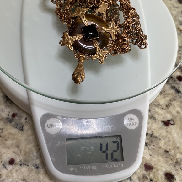 VTG Jan Michaels Tigers Eye & Black Onyx Pendant Necklace on Long Chain - Picture 10 of 10